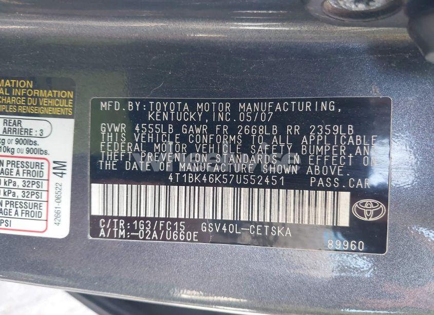 Photo 9 of 2007 Toyota Camry SE V6 (VIN 4T1BK46K57U552451)