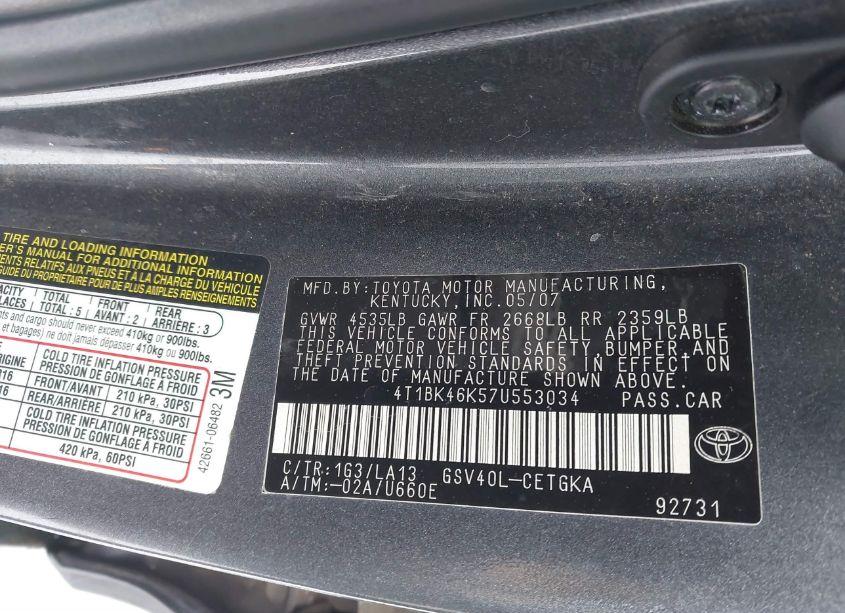 Photo 9 of 2007 Toyota Camry XLE V6 (VIN 4T1BK46K57U553034)
