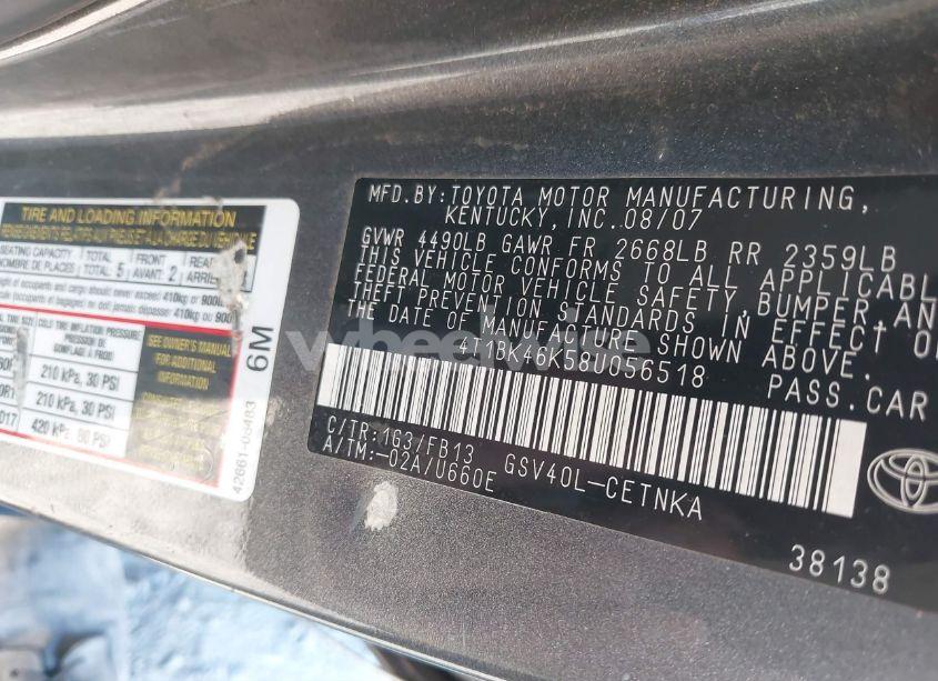 Photo 9 of 2008 Toyota Camry LE V6 (VIN 4T1BK46K58U056518)