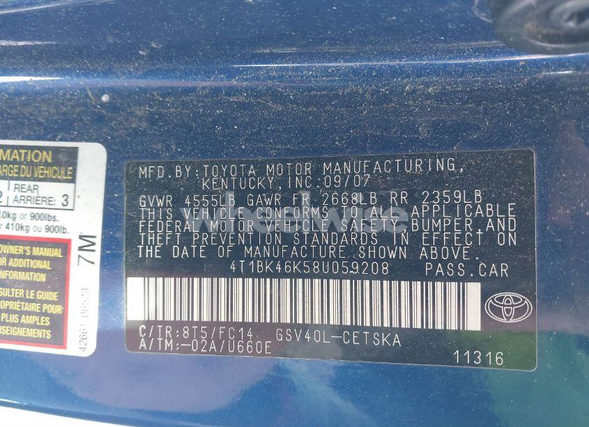 Photo 9 of 2008 Toyota Camry SE V6 (VIN 4T1BK46K58U059208)