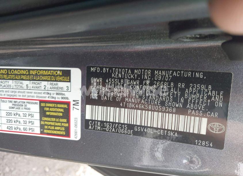 Photo 9 of 2008 Toyota Camry SE V6 (VIN 4T1BK46K58U059368)