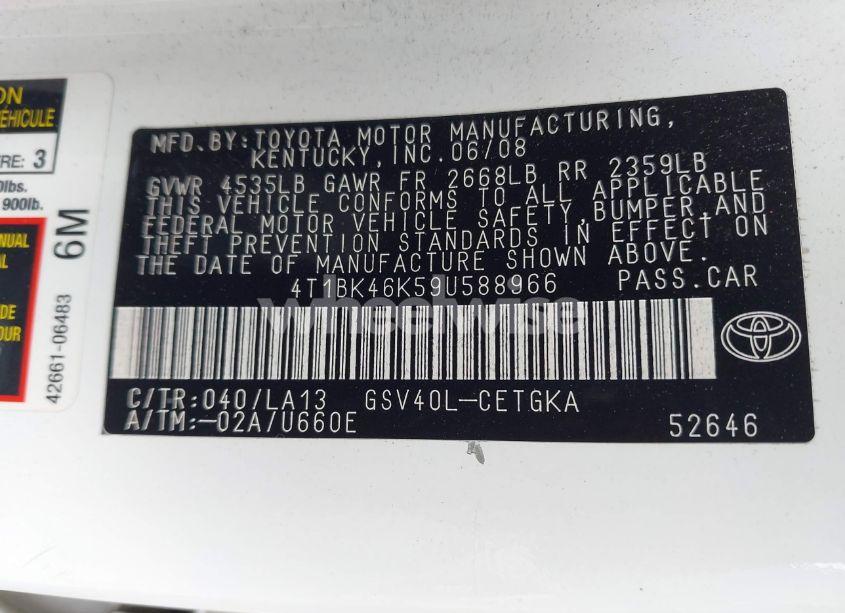 Photo 9 of 2009 Toyota Camry LE V6/SE V6/XLE V6 (VIN 4T1BK46K59U588966)