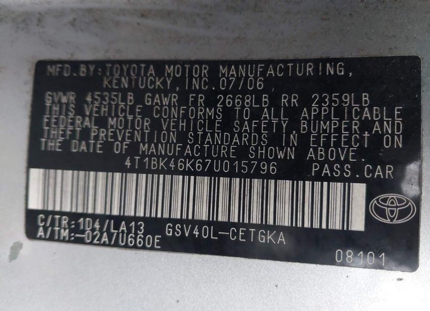 Photo 9 of 2007 Toyota Camry XLE V6 (VIN 4T1BK46K67U015796)