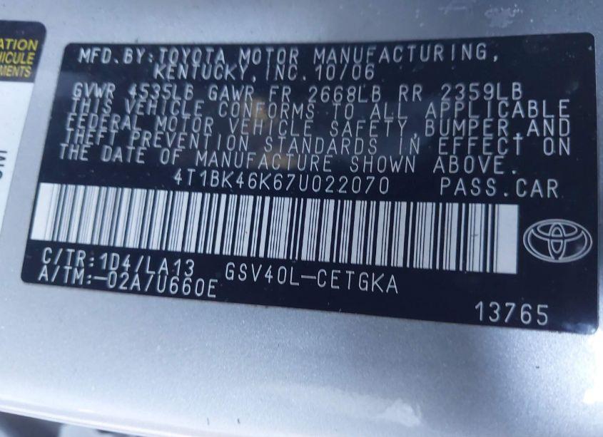 Photo 9 of 2007 Toyota Camry XLE V6 (VIN 4T1BK46K67U022070)