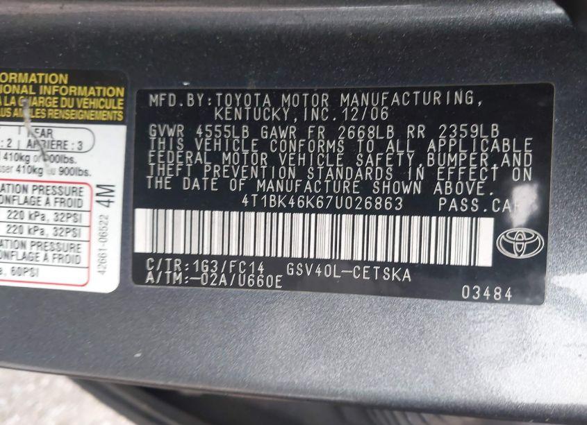 Photo 9 of 2007 Toyota Camry SE V6 (VIN 4T1BK46K67U026863)