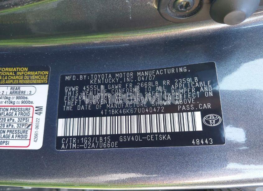 Photo 9 of 2007 Toyota Camry SE V6 (VIN 4T1BK46K67U040472)