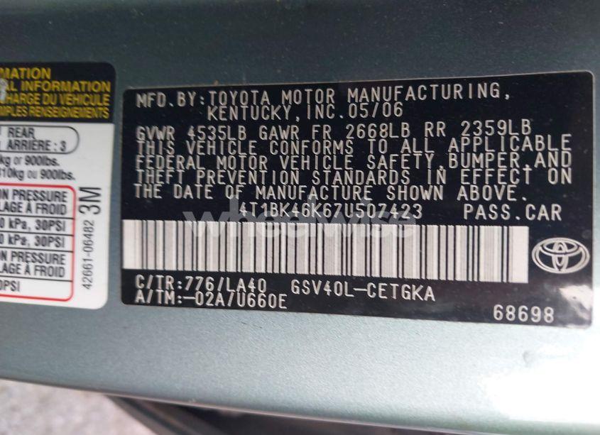 Photo 9 of 2007 Toyota Camry LE V6/SE V6/XLE V6 (VIN 4T1BK46K67U507423)
