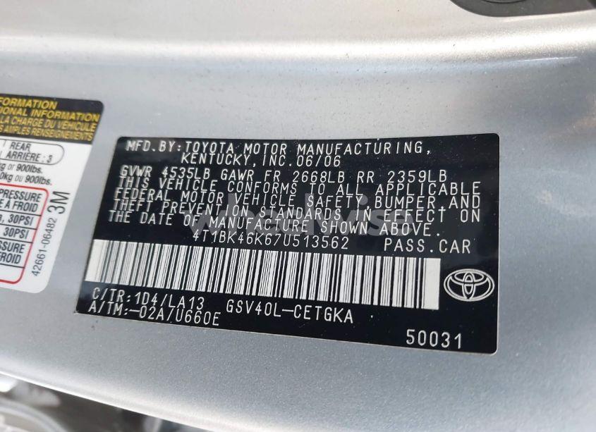Photo 9 of 2007 Toyota Camry XLE V6 (VIN 4T1BK46K67U513562)