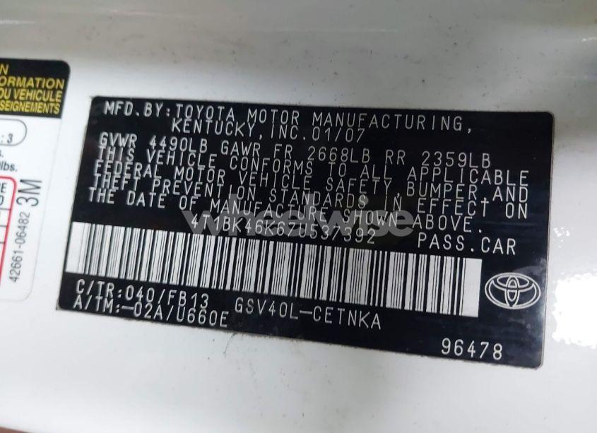 Photo 9 of 2007 Toyota Camry LE V6 (VIN 4T1BK46K67U537392)