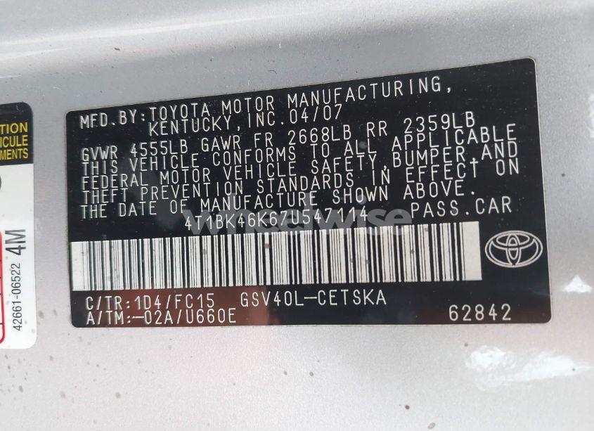 Photo 9 of 2007 Toyota Camry SE V6 (VIN 4T1BK46K67U547114)