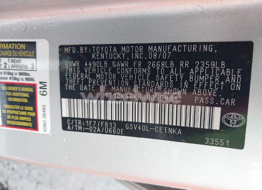 Photo 9 of 2008 Toyota Camry LE V6 (VIN 4T1BK46K68U055894)