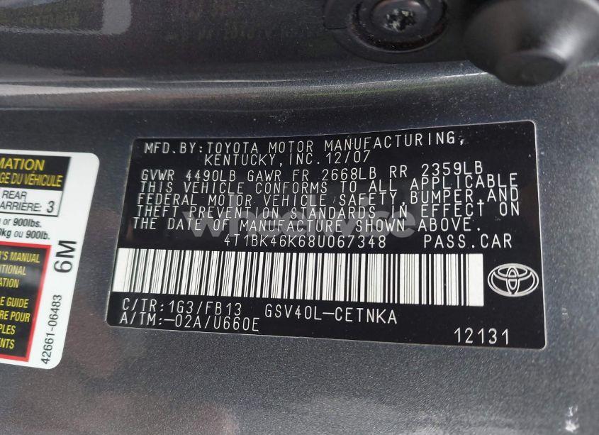 Photo 9 of 2008 Toyota Camry LE V6 (VIN 4T1BK46K68U067348)