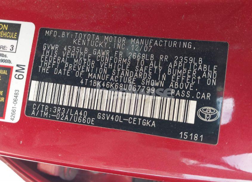 Photo 9 of 2008 Toyota Camry XLE V6 (VIN 4T1BK46K68U067799)