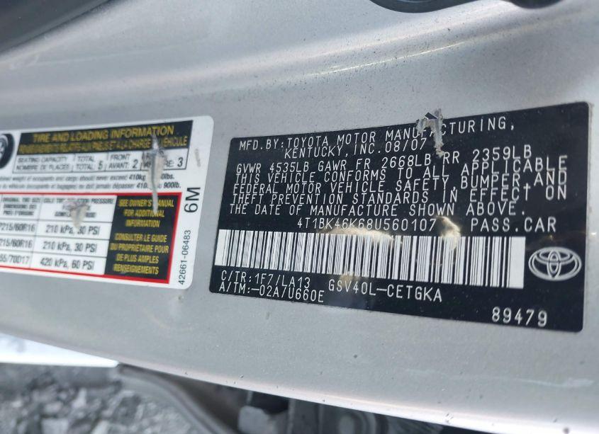 Photo 9 of 2008 Toyota Camry XLE V6 (VIN 4T1BK46K68U560107)