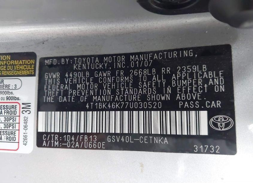 Photo 9 of 2007 Toyota Camry LE V6 (VIN 4T1BK46K77U030520)
