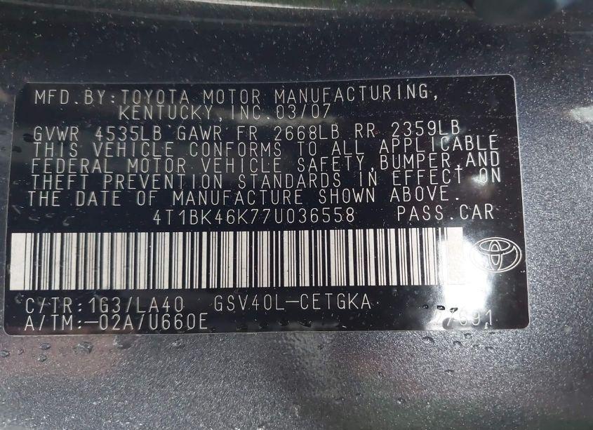 Photo 9 of 2007 Toyota Camry XLE V6 (VIN 4T1BK46K77U036558)