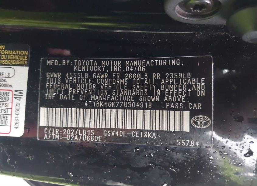 Photo 9 of 2007 Toyota Camry SE V6 (VIN 4T1BK46K77U504918)