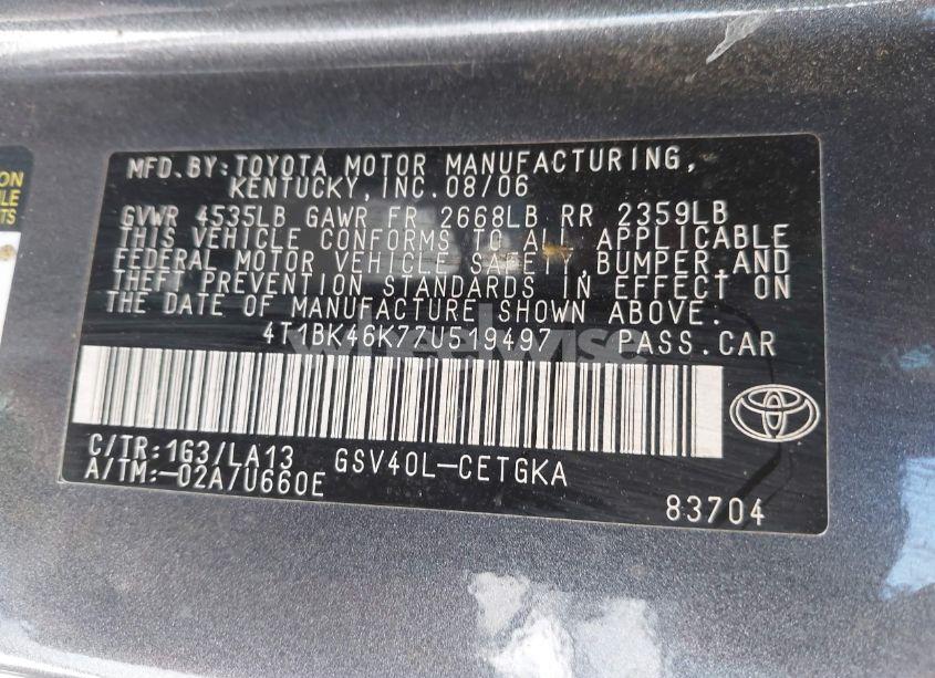 Photo 9 of 2007 Toyota Camry XLE V6 (VIN 4T1BK46K77U519497)