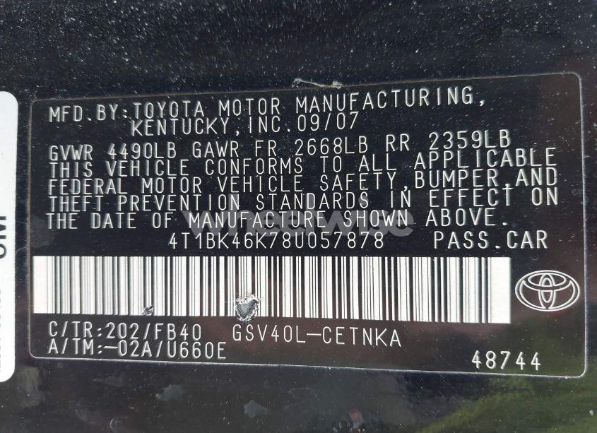Photo 9 of 2008 Toyota Camry LE V6 (VIN 4T1BK46K78U057878)