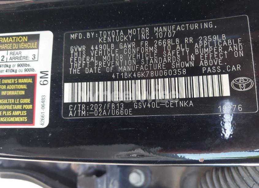Photo 9 of 2008 Toyota Camry LE V6/SE V6/XLE V6 (VIN 4T1BK46K78U060358)