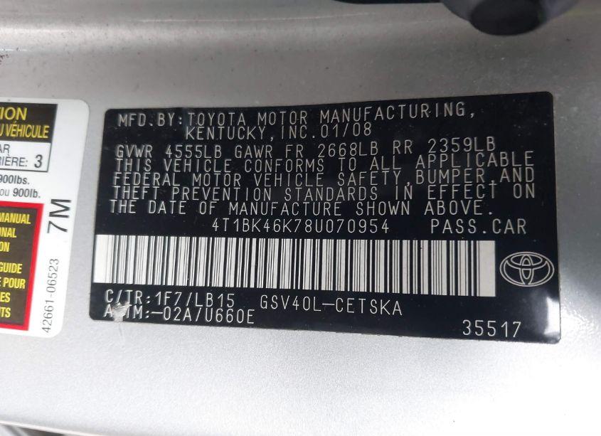 Photo 9 of 2008 Toyota Camry SE V6 (VIN 4T1BK46K78U070954)