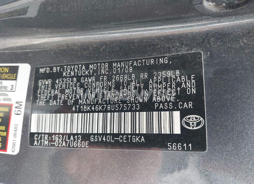 Photo 9 of 2008 Toyota Camry XLE V6 (VIN 4T1BK46K78U575733)