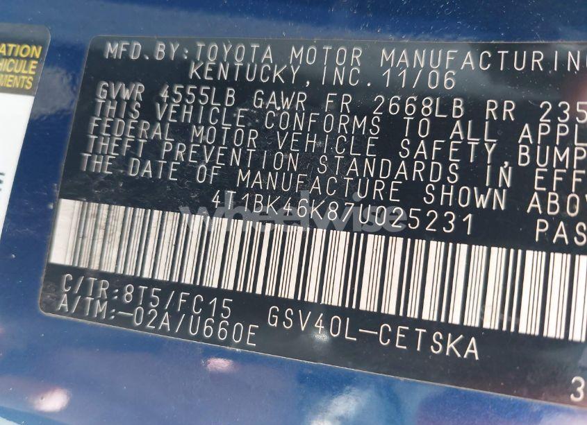 Photo 9 of 2007 Toyota Camry SE V6 (VIN 4T1BK46K87U025231)