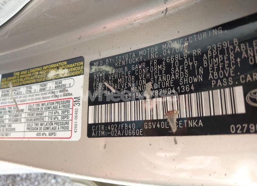 Photo 9 of 2007 Toyota Camry LE V6 (VIN 4T1BK46K87U041364)