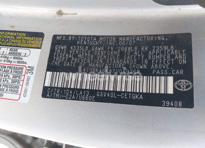 Photo 9 of 2007 Toyota Camry XLE V6 (VIN 4T1BK46K87U049268)