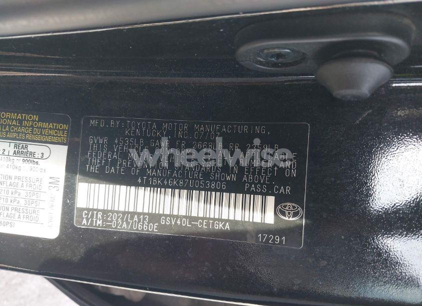 Photo 9 of 2007 Toyota Camry XLE V6 (VIN 4T1BK46K87U053806)