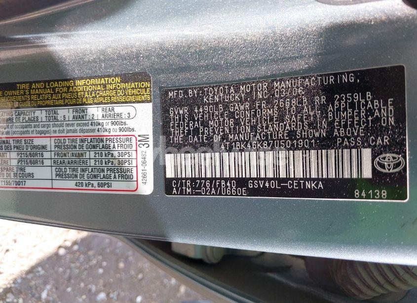 Photo 9 of 2007 Toyota Camry LE V6 (VIN 4T1BK46K87U501901)