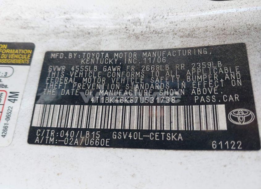 Photo 9 of 2007 Toyota Camry SE V6 (VIN 4T1BK46K87U531738)