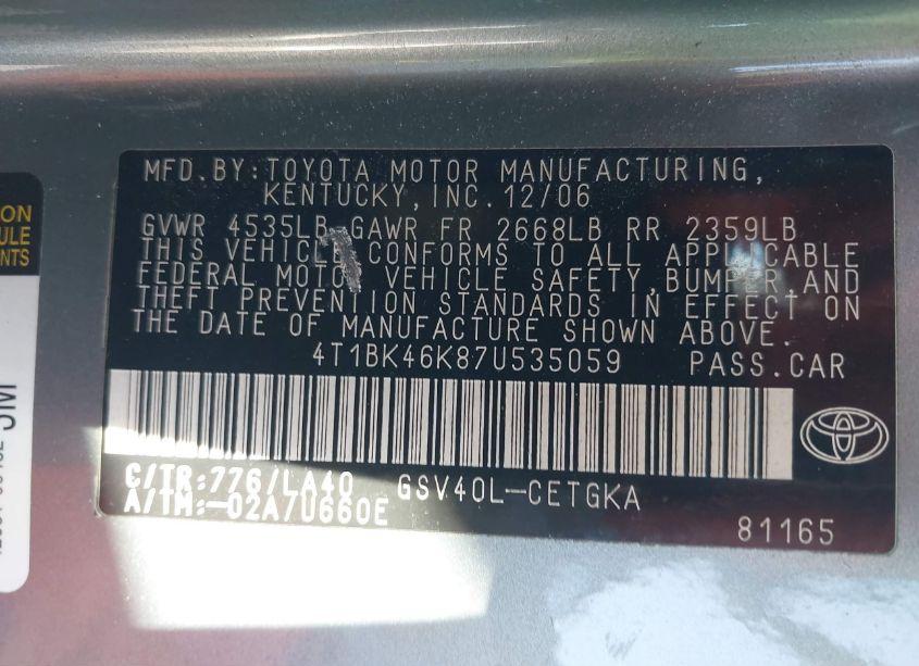 Photo 9 of 2007 Toyota Camry XLE V6 (VIN 4T1BK46K87U535059)