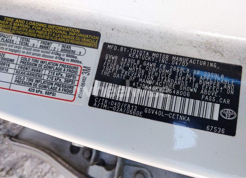 Photo 9 of 2007 Toyota Camry LE V6 (VIN 4T1BK46K87U548006)