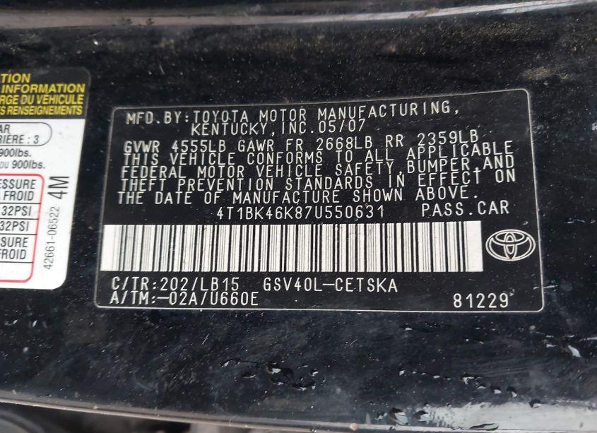 Photo 9 of 2007 Toyota Camry SE V6 (VIN 4T1BK46K87U550631)