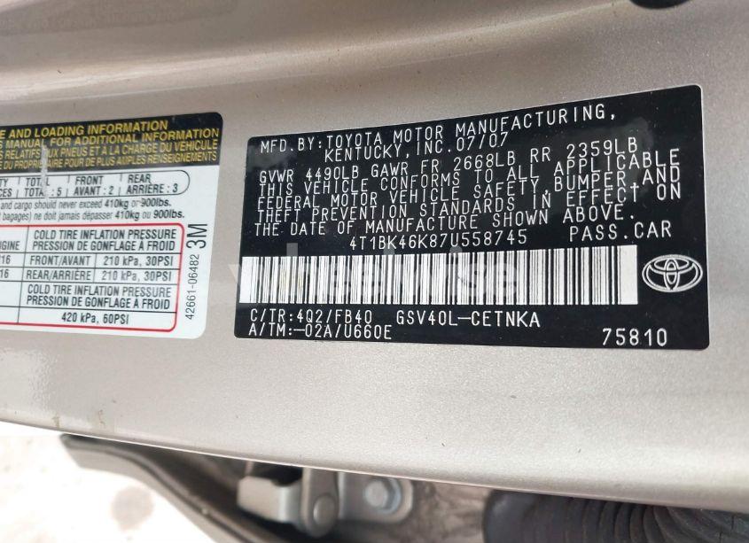 Photo 9 of 2007 Toyota Camry LE V6 (VIN 4T1BK46K87U558745)