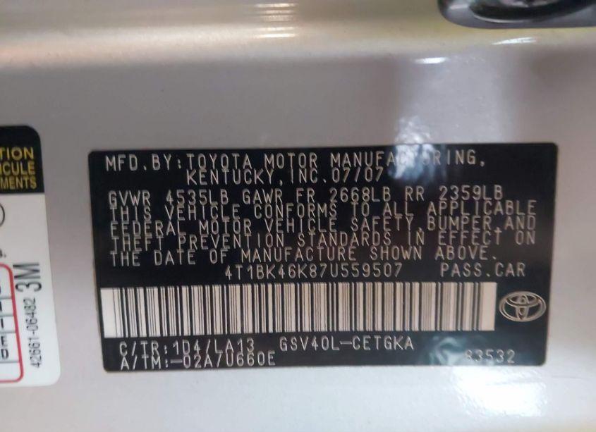 Photo 9 of 2007 Toyota Camry XLE V6 (VIN 4T1BK46K87U559507)