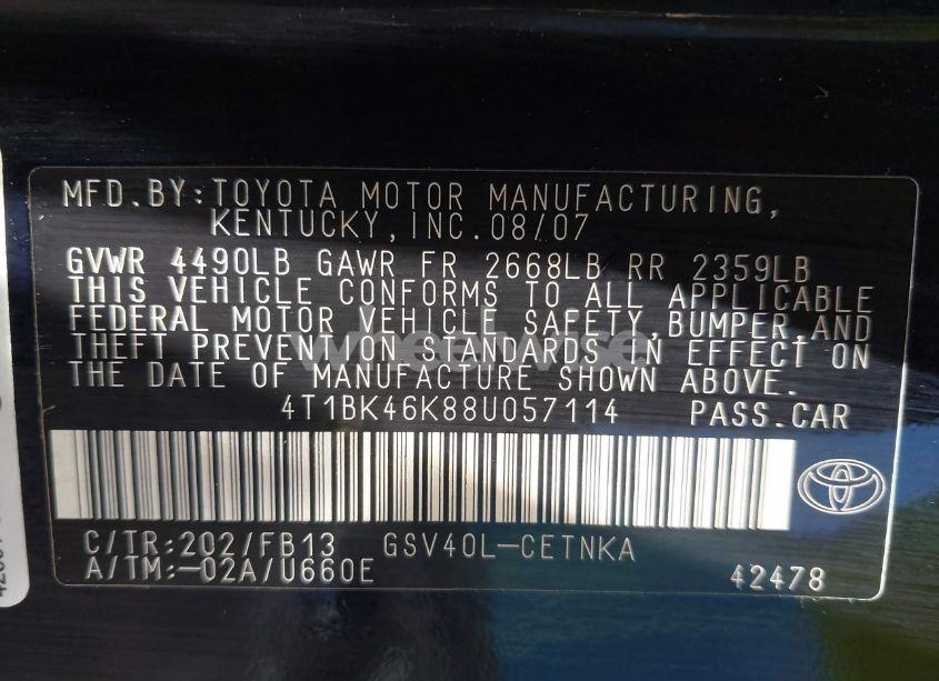 Photo 9 of 2008 Toyota Camry LE V6 (VIN 4T1BK46K88U057114)