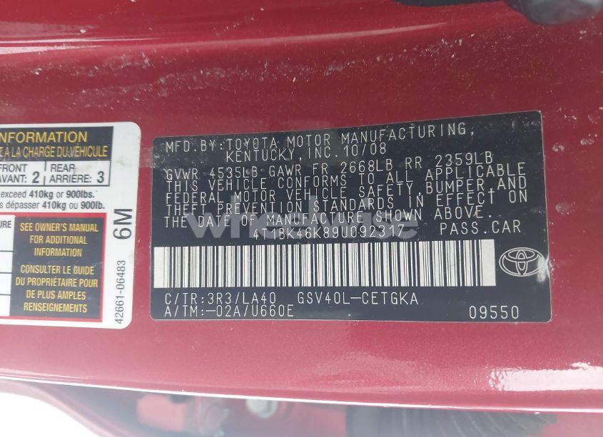 Photo 9 of 2009 Toyota Camry XLE V6 (VIN 4T1BK46K89U092317)