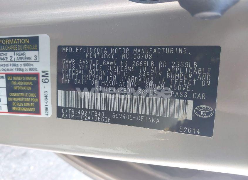 Photo 9 of 2009 Toyota Camry LE V6 (VIN 4T1BK46K89U588962)
