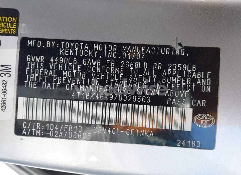 Photo 9 of 2007 Toyota Camry LE V6 (VIN 4T1BK46K97U029563)