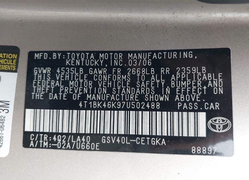 Photo 9 of 2007 Toyota Camry XLE V6 (VIN 4T1BK46K97U502488)