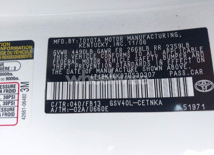 Photo 9 of 2007 Toyota Camry LE V6 (VIN 4T1BK46K97U530307)