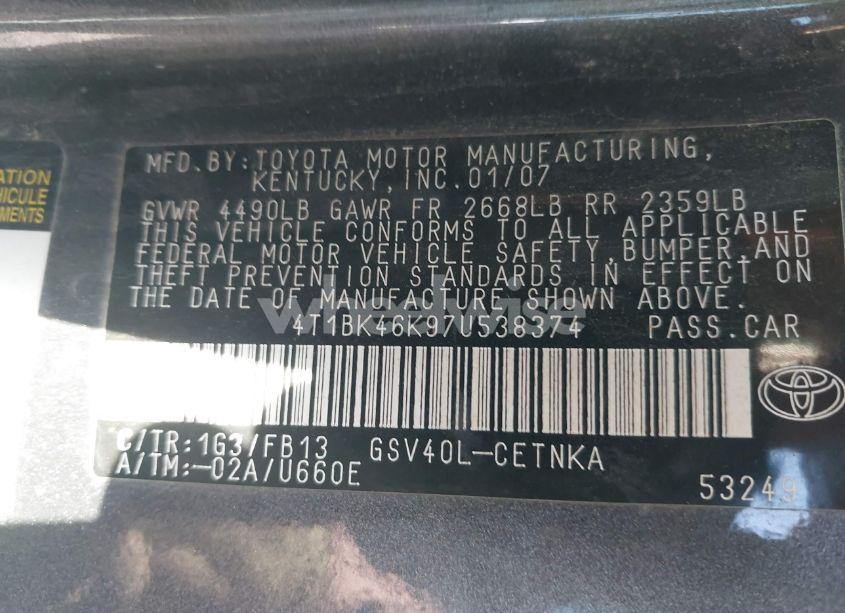 Photo 9 of 2007 Toyota Camry LE V6 (VIN 4T1BK46K97U538374)