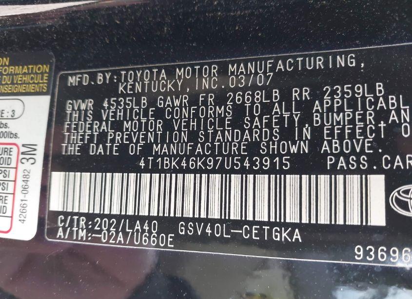 Photo 9 of 2007 Toyota Camry XLE V6 (VIN 4T1BK46K97U543915)