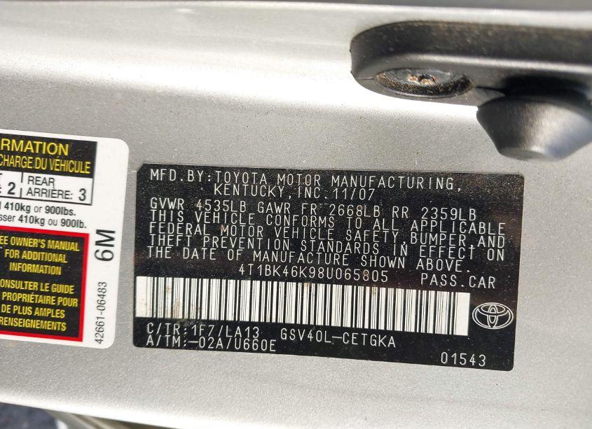 Photo 9 of 2008 Toyota Camry XLE V6 (VIN 4T1BK46K98U065805)