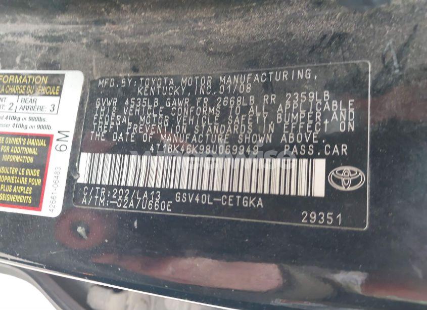 Photo 9 of 2008 Toyota Camry XLE V6 (VIN 4T1BK46K98U069949)
