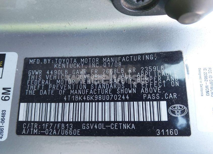 Photo 9 of 2008 Toyota Camry LE V6 (VIN 4T1BK46K98U070244)