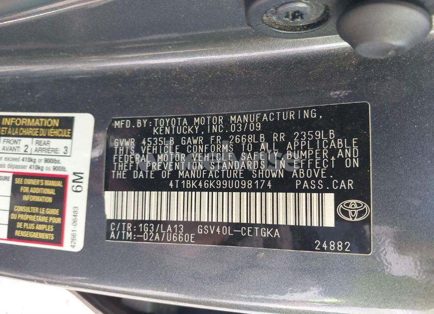 Photo 9 of 2009 Toyota Camry XLE V6 (VIN 4T1BK46K99U098174)