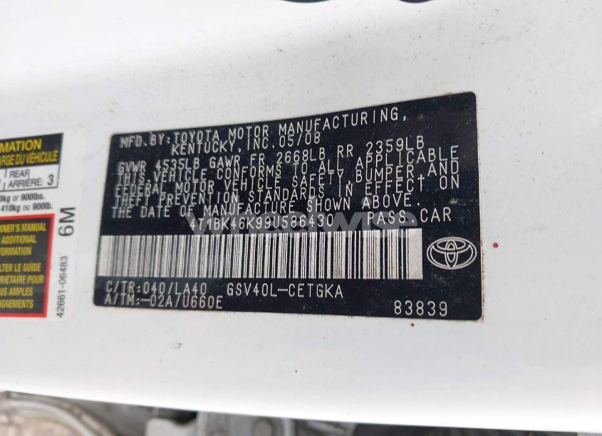 Photo 9 of 2009 Toyota Camry SE/LE/XLE (VIN 4T1BK46K99U586430)